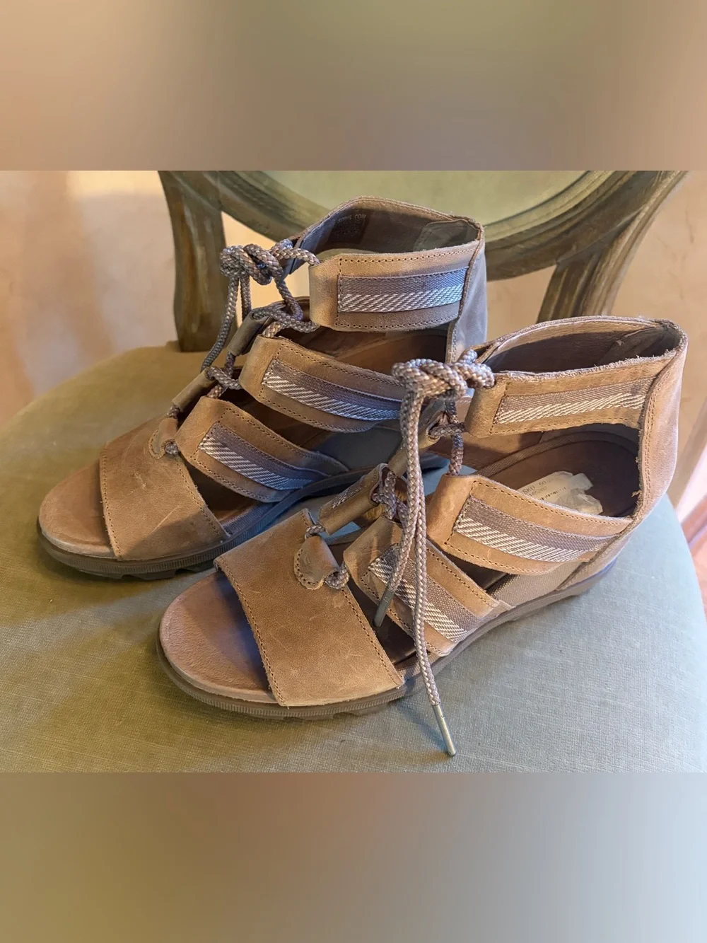 Sorel Joanie II $150 NWT Lace Up Comfort Wedge Sandals 9 Brown Suede